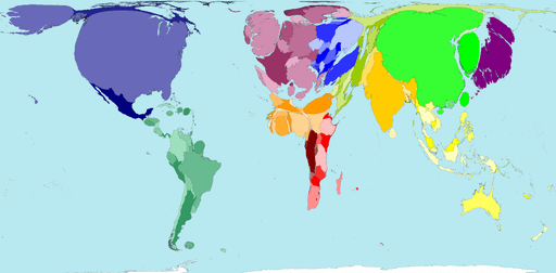 The map is scaled to the number of radios per capita. The most radios per person are in Norway - at more than 3 per person.