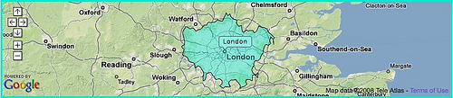 Google map of London with Flickr shape data overlaid by Matt Biddulph. Used under license.