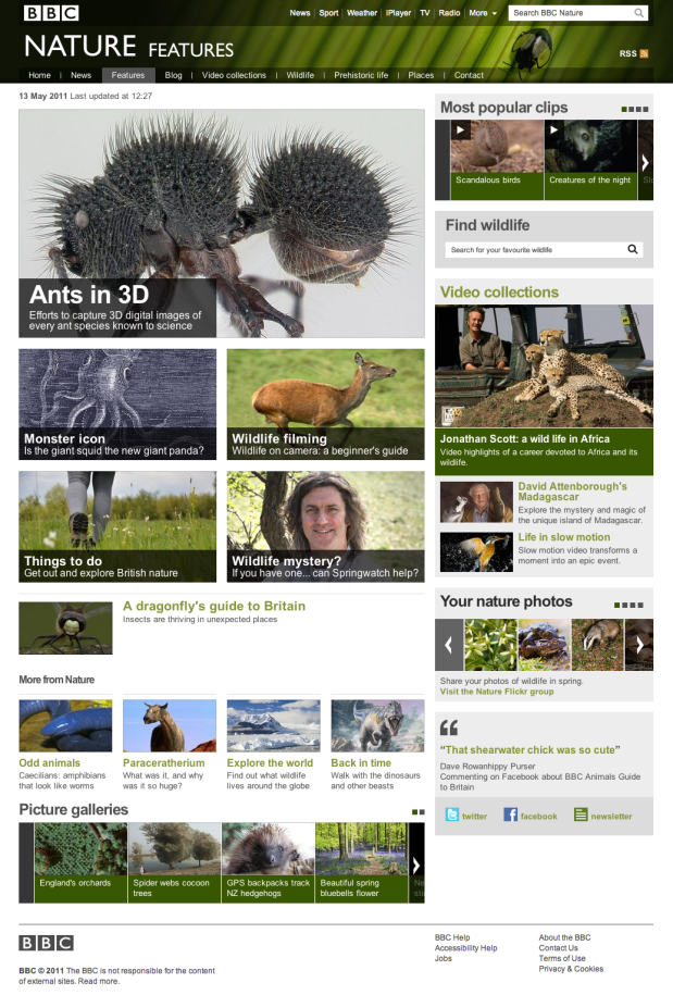 Screen grab of the new BBC nature site - features section